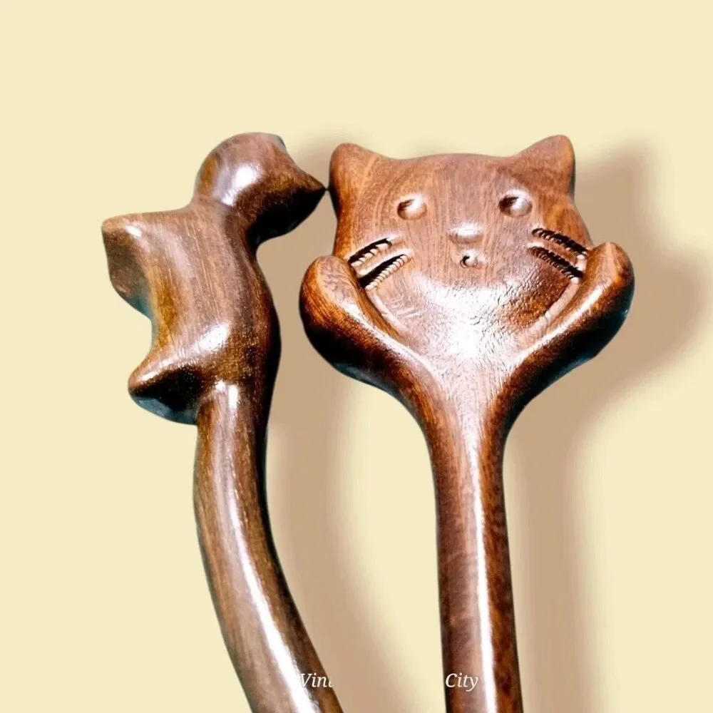 Wood Cat Face & Body Stick Chinese Style Women Hairpin Headwear Hair Fork Set 2